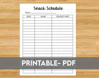 Printable Snack Schedule, Baseball Snack Schedule Sign Up Printable, Softball Snack Schedule Printable, Basic Snack Schedule, Tennis Snack