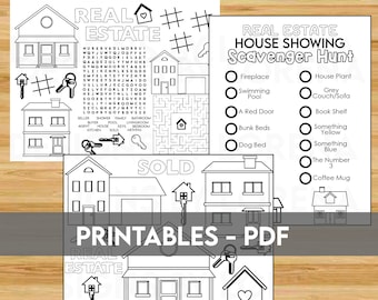 Printable 3 Activity Sheets for Real Estate, Activity for Open Houses, Realtor Coloring, Closing Activity, Realtor Printable, Realtor Kids