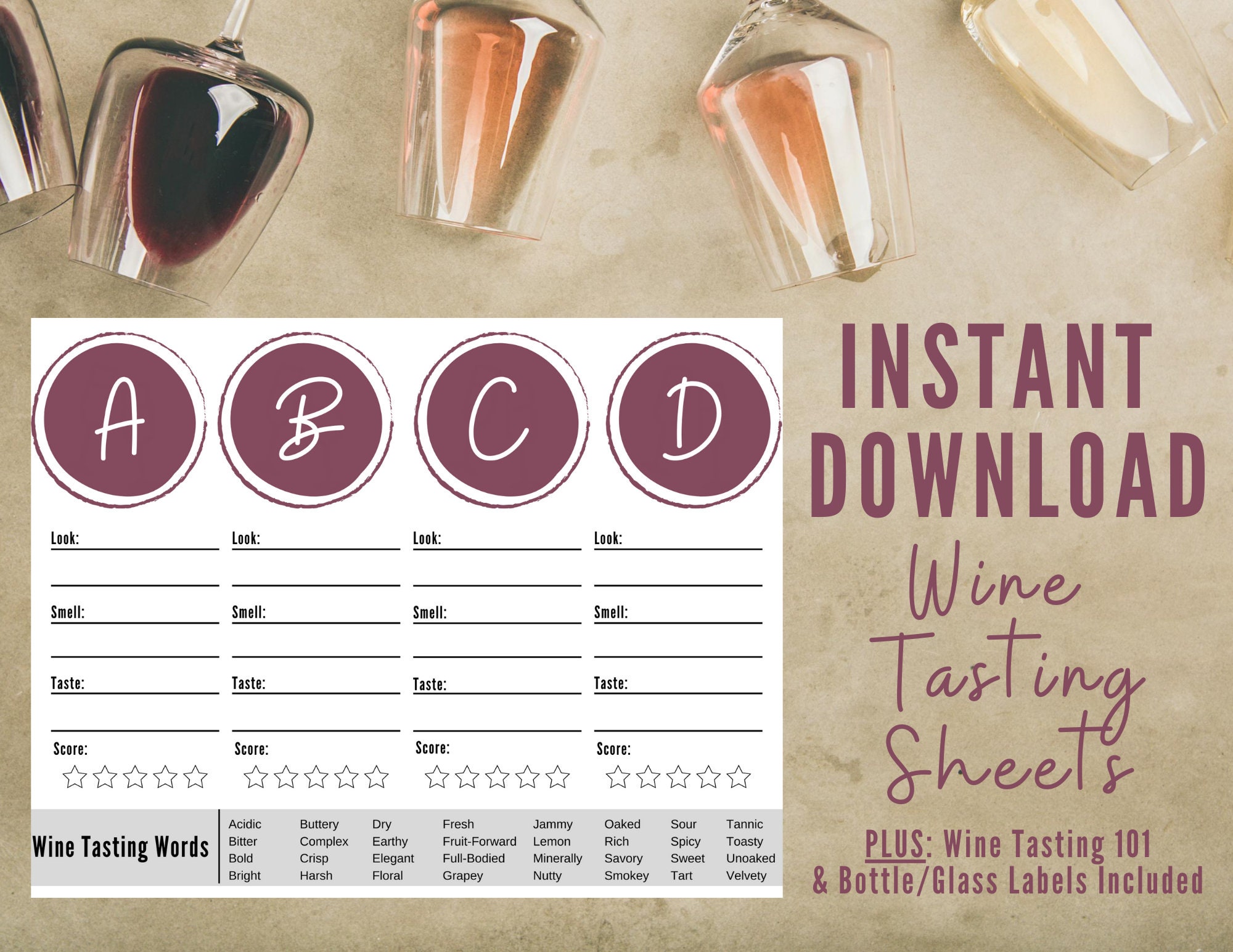 Wine Tasting Party & Sheets - INSTANT DOWNLOAD - Plus: Wine 101 and Bottle and Glass Labels - Great for Stay at Home / Virtual Party!!!