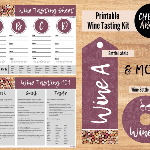 Wine Tasting Party Kit Printable - Download Includes: Instructions, Wine 101, Wine Tasting Sheets, Scorecard, Labels, Blind Wine Tasting