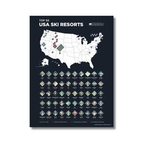 May include: A dark navy poster titled TOP 50 USA SKI RESORTS by McSENDERSON. It features a white map of the United States with diamond-shaped markers and a grid of fifty numbered, illustrated diamond icons representing various ski destinations.