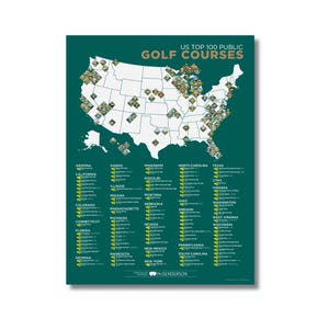 May include: A dark green poster titled US TOP 100 PUBLIC GOLF COURSES featuring a white map of the United States with small icons marking locations. Below the map, a list of states and golf courses is organised in columns with yellow icons.