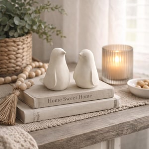 May include: Two white ceramic bird figurines sit atop a stack of books with the text "Home Sweet Home". A lit candle in a glass holder and a small bowl of decorative items are also on the table. The scene evokes a cozy, home decor theme.