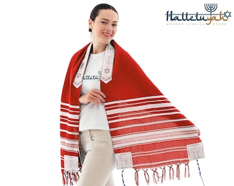 May include: A red tallit with white stripes and a blue and white fringe. The tallit has a Star of David and the word "Hallelujah" embroidered on it.