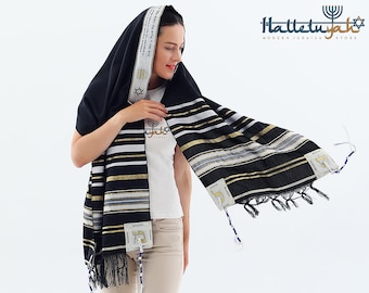 Tallit Prayer Shawl from Israel - King Solomon Name Spelled on 4 Corners - Designed in Israel - 72"x22" -  FAST USA Shipping