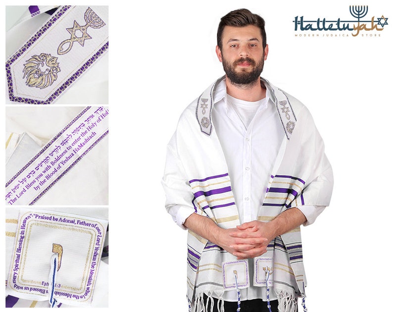 Tallit Prayer Shawl from Israel - Jesus Letters Spelled on 4 Corners - Messianic Tallit Designed in Israel- XL 72"x22" - FAST USA Shipping Bild 1