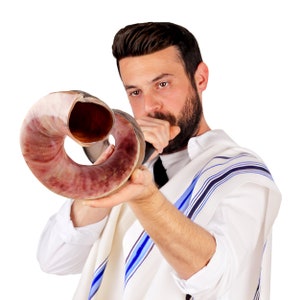 Könnte beinhalten: Ein Mann in einem weißen Gebetschal mit blauen Streifen bläst in eine Schofar, ein traditionelles Instrument aus Widderhorn, das in jüdischen religiösen Zeremonien verwendet wird.