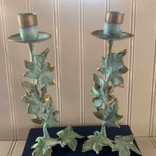 Brass and Faux Verdigris PartyLite Candlestick Holders | Vintage Candle Holder Set by Partylite | Ivy Leaves4 1/4