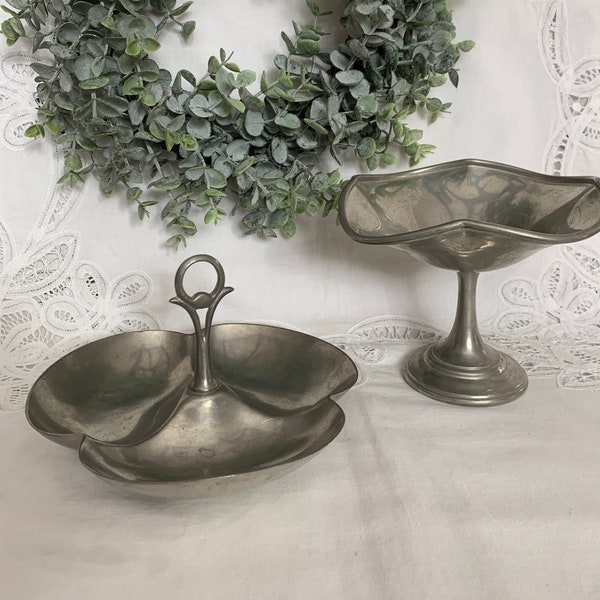 Vintage Pair Pewter Dishes-Pilgrim Pewter Candy Nut Dish Pedestal Scalloped Edge-Plymouth Pewter Nut  Three Section Candy Dish