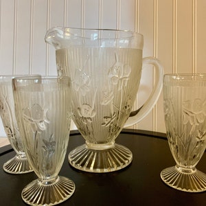Jeannette Iris & Herringbone Clear Glass Water Pitcher and 3 Footed Tumblers