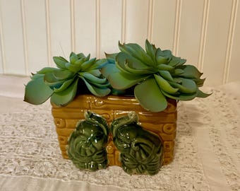 Vintage Majolica Ceramic Elephants & Bamboo Planter Trunks Up Green Gold