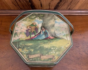 Robin Hood Meets Maid Marian Loose-Wiles Sunshine Biscuit Co. Octagon Shaped Litho Tin Box with Handle