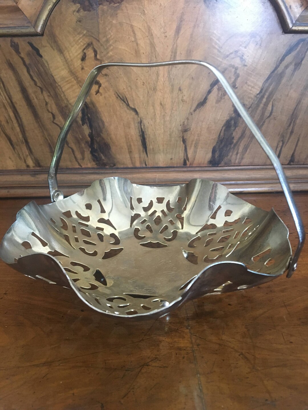 Ornate Solid Brass Basket With Top Handle, Vintage Brass Decor, Ornate