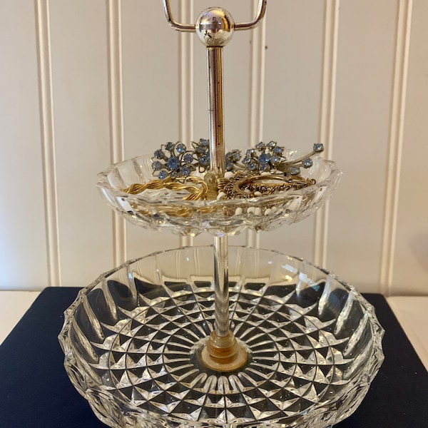 Vintage MINI  2 tiered stand, cut crystal tray for small cookies or chocolates, jewelry, trinkets