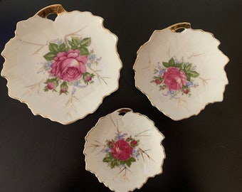 Vintage Leaf Trinket Dishes, Rose Floral, Gold Trim, Set of 3