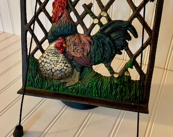 Vintage Iron Cast Cookbook Stand Rooster & Chicken '60 Cookbook Country Kitchen
