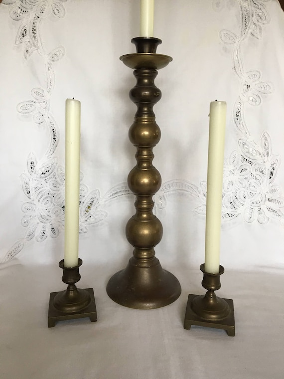 Set of Vintage 1970s Tiered Solid Brass Taper Candle Holders Set of Vintage 1970s Tiered Solid Brass Taper Candle Holders