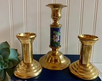 Brass Candlesticks Curated Set of 3-Blue Floral and Brass Candlestick- Pair of Candlesticks-Mid-Century Holders, Wedding Table