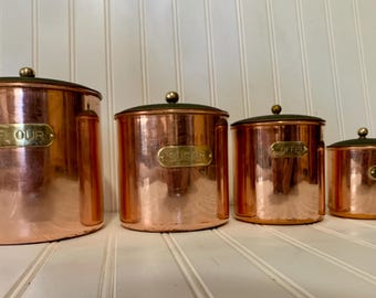Vintage Copper Kitchen Canisters Set, Brass Accents, Rustic Cottage Decor