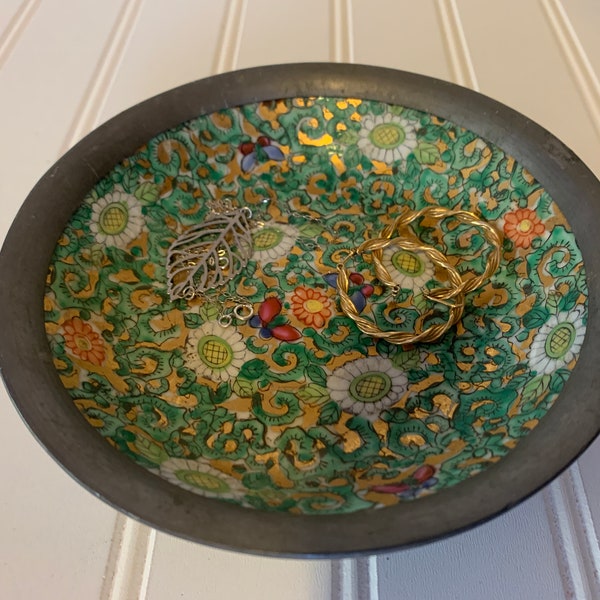 Vintage Andrea Japanese Porcelain Ware Decorated Hong Kong Pewter Encased Bowl
