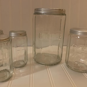 Original 1930s Hoosier glass embossed antique coffee tea jar and 3 spice jars with lids, set of 5 Hoosier Jars