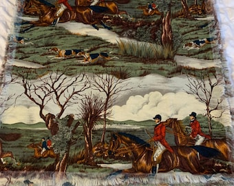 Vintage Fox Hunt Fabric Pieces , Placemats, Napkins: Alexander Henry Equestrian Print, 1993