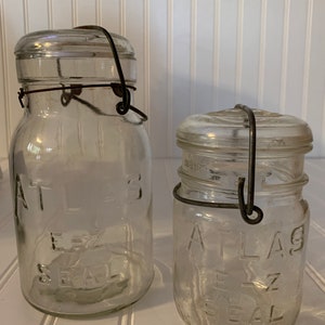 1 Quart and 1 Pint 1910s-1930s Atlas E-Z Seal canning jar with wire bail and glass lid, Hazel-Atlas Glass