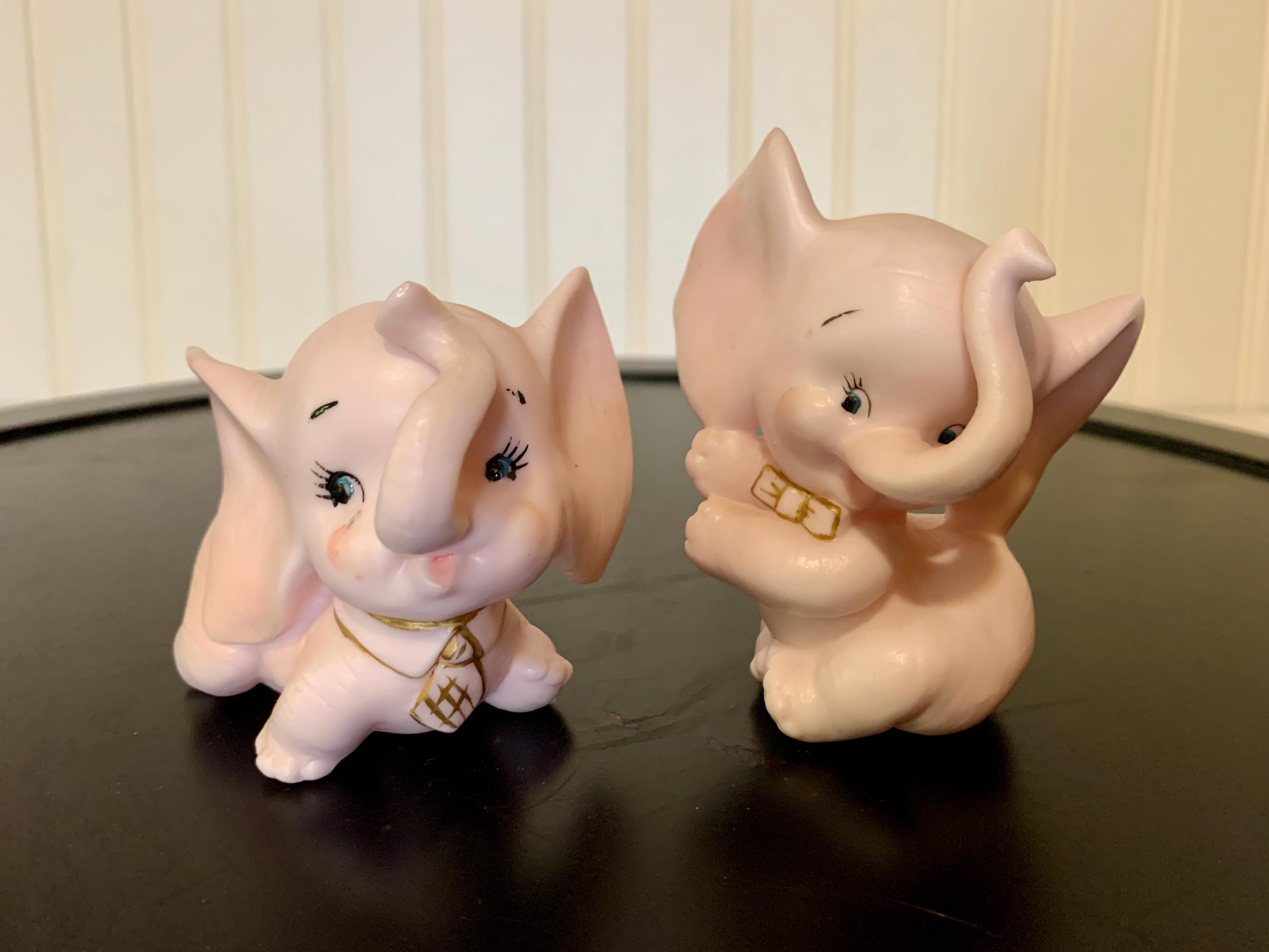 1950's Pink Baby Elephant Figurines, Vintage Kelvin's, Bisque Porcelain with Gold Trim, Anthropomorphic