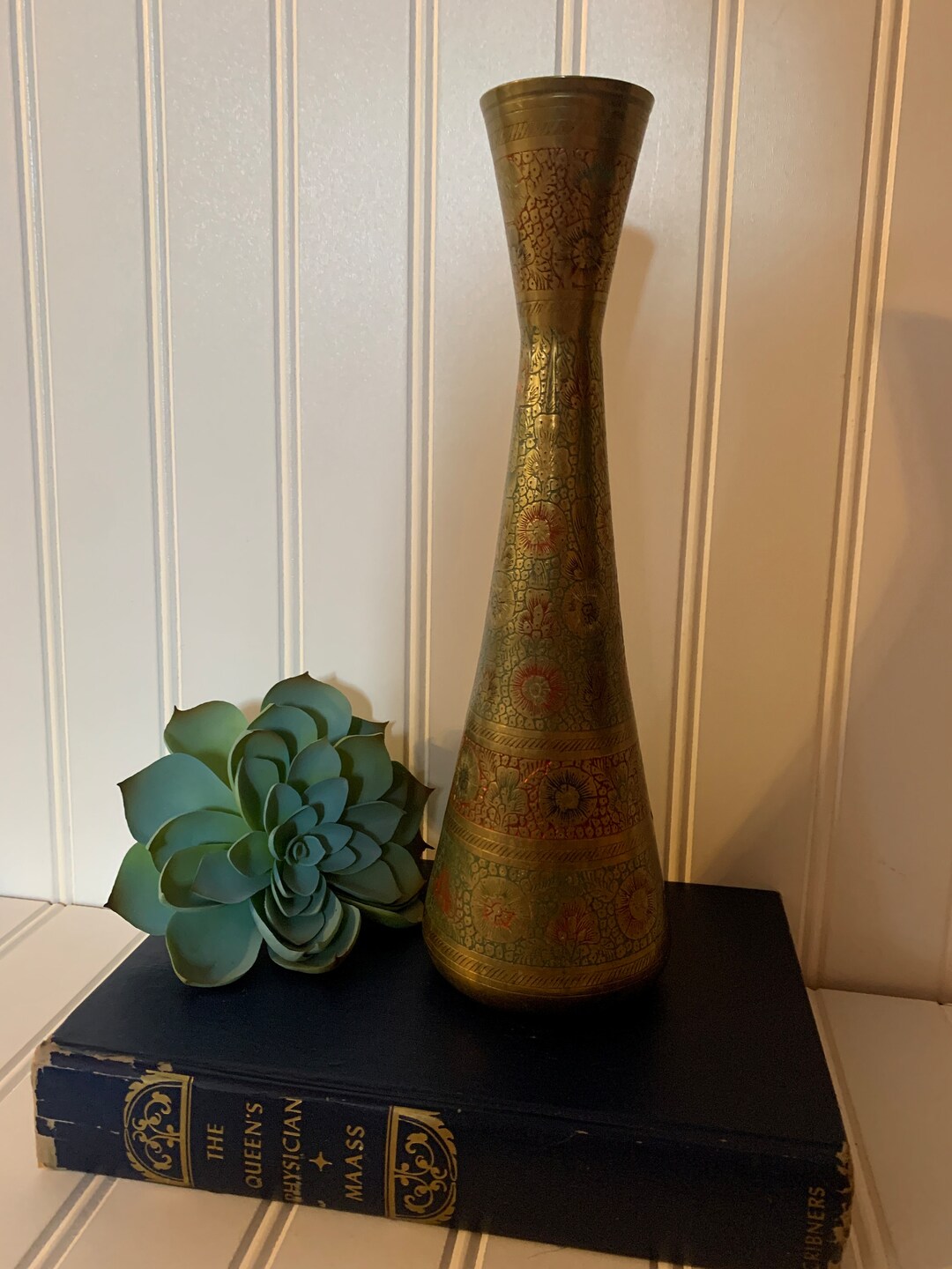 Vintage India Etched Brass Painted Vase Ornate Engraved Brass Etsy