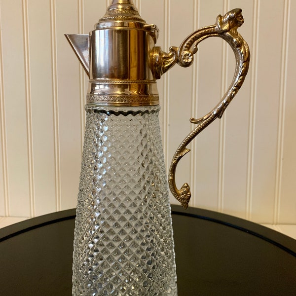 Vintage Waffle Crystal Decanter Italian Carafe 1970s Diamond Point Pitcher With Silver Plate Lion Handle And Lid