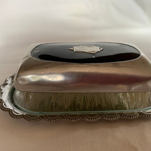 Vintage Chrome Top Brush Lint Grooming Brush Men&#39;s Vanity Display, Brush with tray and glass liner, Mens brush, Gentlemans Clothes Brush