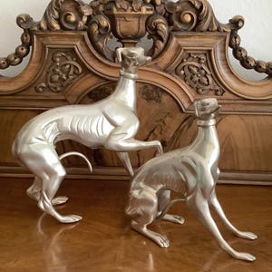 Large Heavy Pair of Art Deco Silver Metal Greyhound Dog Statues Sculpture Whippet
