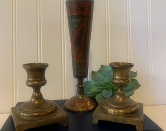 Vintage Etched Brass Vase and Taper Holder Set, Enamel Accents