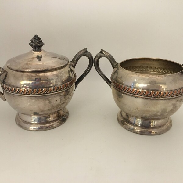 Vintage Silver on Copper W M Rogers Sugar and Creamer Set, Silver Plated Sugar Bowl with lid and creamer, Sugar Bowl and Creamer set