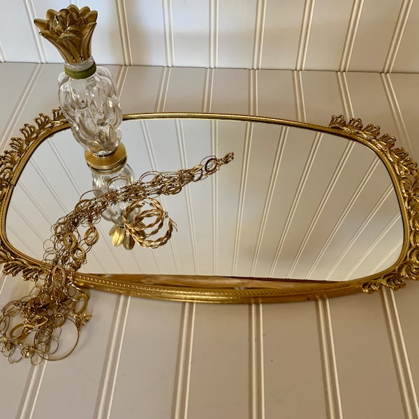 Vintage StyleBuilt Mirror, Gold Tone Oval Mirror, Intricate Hollywood Regency Mirror Tray 16", Vanity Tray