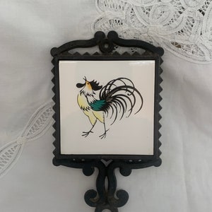 Vintage Cast Iron Tile Trivet-Rooster-Vintage Kitchen-Retro Kitchen-Kitchen Utensil-Mod-Kitchen Decor- Cast Iron Trivet, Hanging Trivet