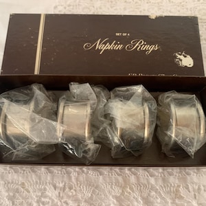 Vintage FB Rogers Silver Company Four Round Pewter Napkin Rings in Original Box