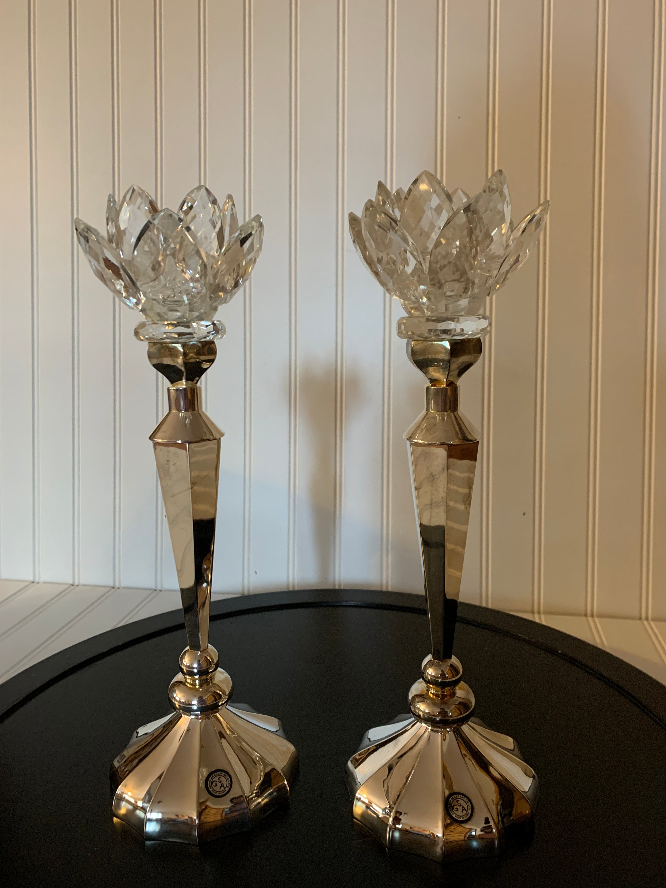 2 Large Vintage Godinger Silver Crystal Glass Lotus Lily Candle