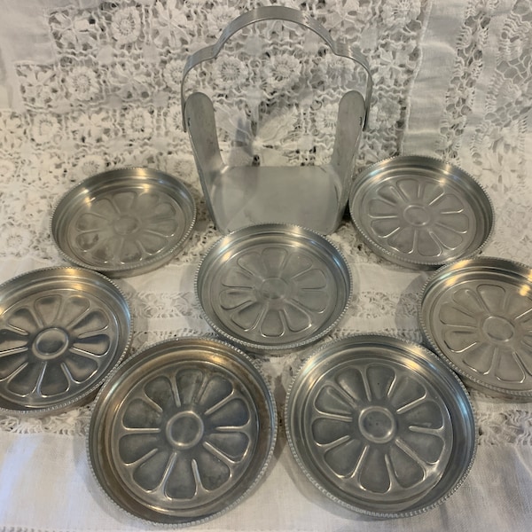 Mid Century Modern Aluminum Coaster Set Daisy Pattern with Caddy