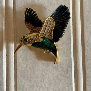 Vintage Hummingbird Brooch, Blue and Green Enamel Clear Rhinestone Gold Tone Bird Brooch Pin