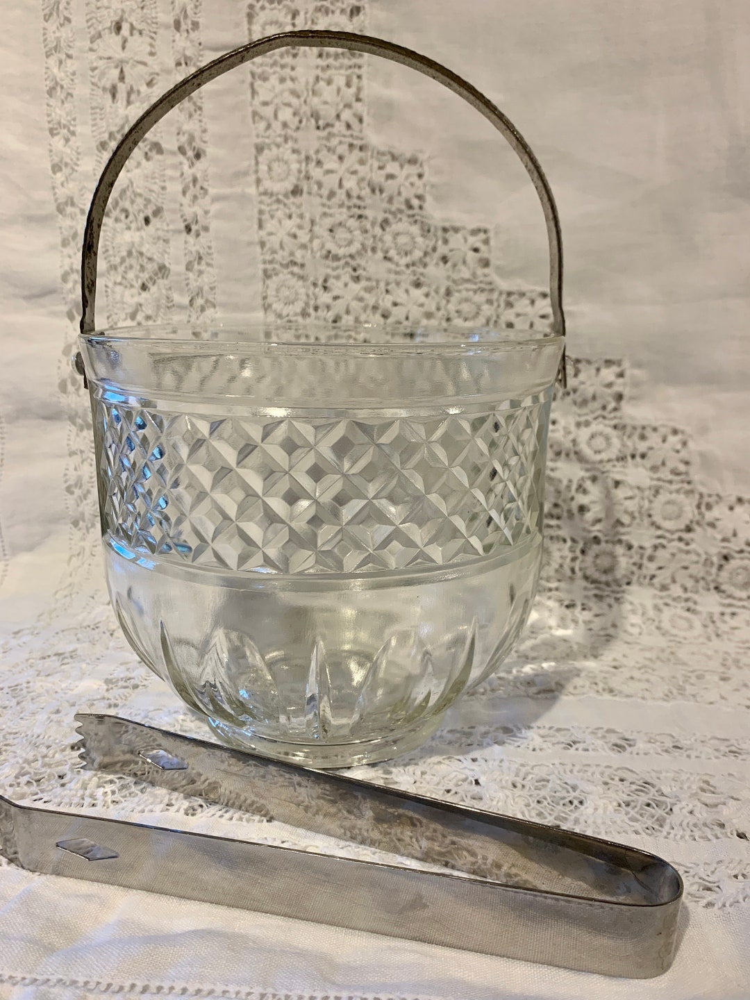 Vintage Diamond Cut Glass Ice Bucket With Hammered Aluminum Handle