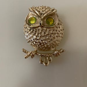 May include: A gold-toned owl brooch with textured detailing. The owl has large, round eyes with green-yellow gemstones. It is perched on a branch, showcasing a vintage-inspired design. This jewelry piece is suitable for adding a touch of nature-inspired elegance.