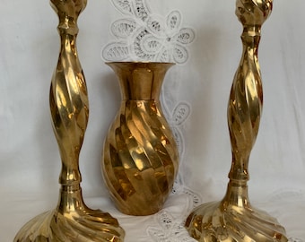 Vintage Brass Candlestick & Vase Set – Swirl Design, Elegant Home Decor