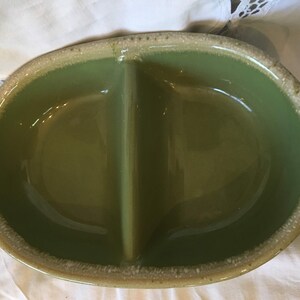 Hull Pottery Divided Dish ~ 1960's ~ Hull Pottery Avocado Green Drip Ware 11" Oval Divider Bowl - High Gloss Drip Glaze ~ Made in the USA