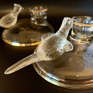 Vintage Pair Glass Pheasant Candle Holders, Jeanette Glass Candleholders w/Pheasant, Circa 1956, Pattern 3475, Gold Trimmed Candle Holders