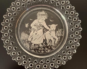 1889 Antique Victorian Pressed Glass Egg & Dart Mary Had a Little Lamb Nursery Rhyme Plate