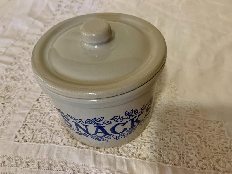 Vintage Stoneware "SNACKS" Crock with Lid: Light Gray Glaze, Blue Design image 9
