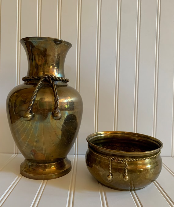 Vintage Large Brass Vase with Rope Tassel with Matching Planter