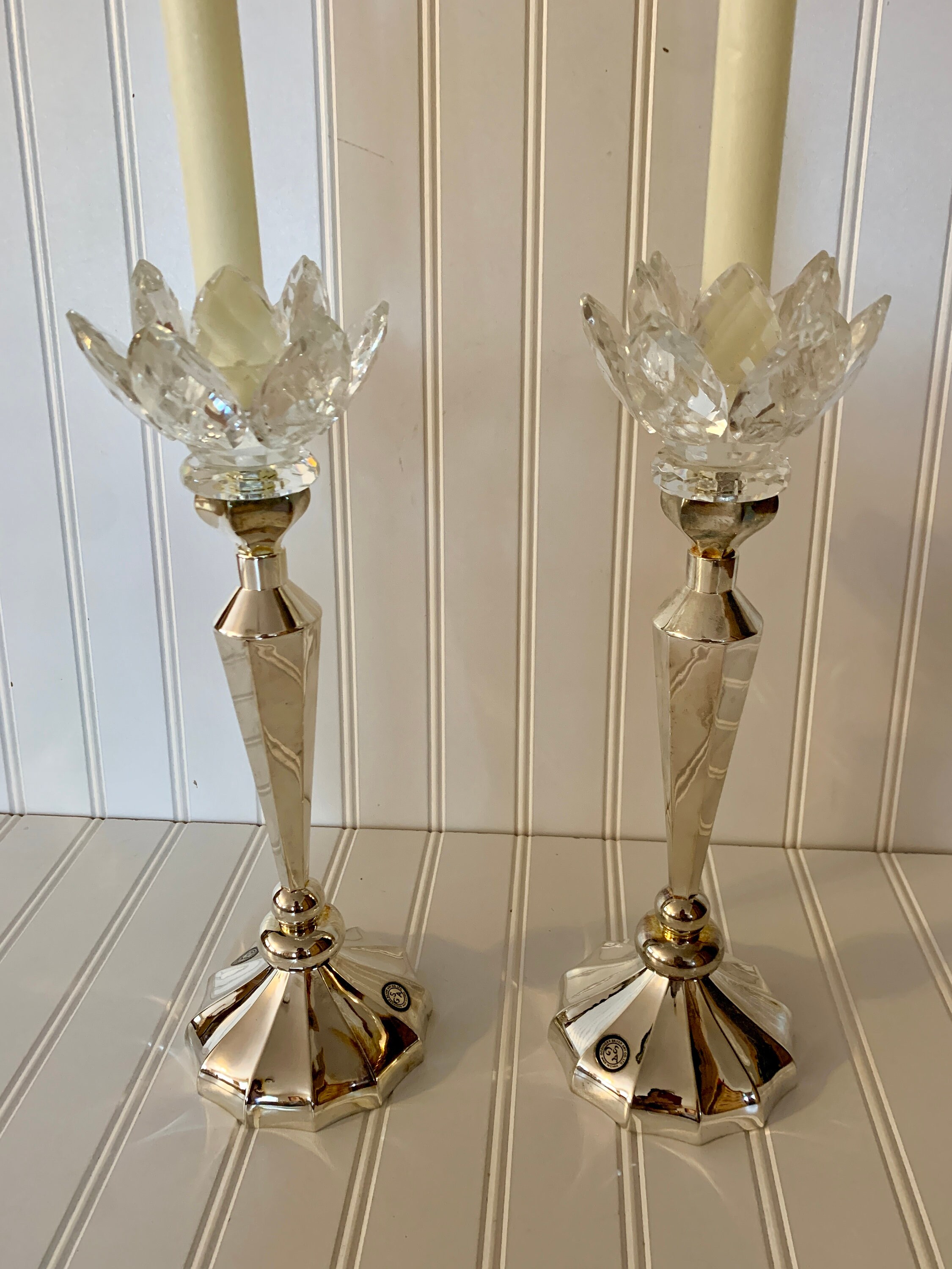 2 Large Vintage Godinger Silver Crystal Glass Lotus Lily 2 Large Vintage Godinger Silver Crystal Glass Lotus Lily