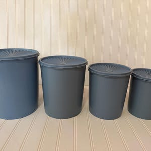 May include: A set of four cylindrical storage containers in a muted slate blue color. Each container features a matching circular lid with a radiating sunburst pattern design on the top surface. The containers are arranged in descending order of size.